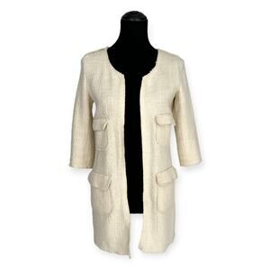 ZARA | Small | Ivory Tweed Longline Raw Edge 3/4 Sleeve Open Front Jacket